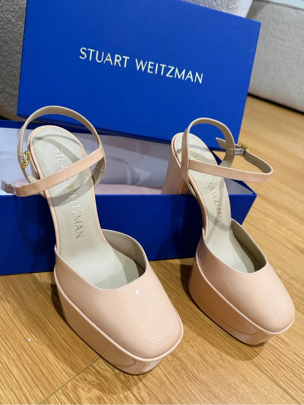 Stuart Weitzman Nude Patent Sky-High Platform Ankle-Strap Pumps